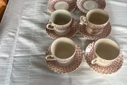 Vintage English Ironstone "Provence Red" Floral Chintz Tea Cup &amp; Saucer Set (11 Pieces - Stamped)