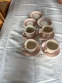 Vintage English Ironstone "Provence Red" Floral Chintz Tea Cup & Saucer Set (11 Pieces - Stamped)