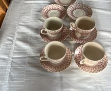 Vintage English Ironstone "Provence Red" Floral Chintz Tea Cup & Saucer Set (11 Pieces - Stamped)