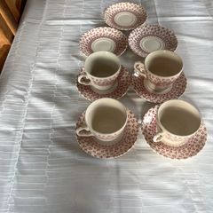 Vintage English Ironstone "Provence Red" Floral Chintz Tea Cup & Saucer Set (11 Pieces - Stamped)