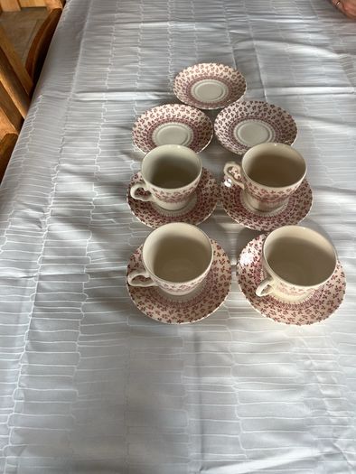 Vintage English Ironstone "Provence Red" Floral Chintz Tea Cup & Saucer Set (11 Pieces - Stamped)