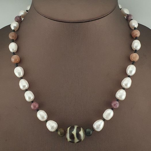 Himalayan Dzi Agate Pendant Necklace with Genuine Freshwater Pearls & Tourmaline