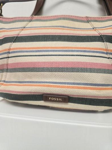 Fossil Striped Canvas & Leather Hobo Bag + Matching Zip Wallet Set