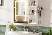 Bathroom Wall Cabinet with Mirror, Anti-Fog Mirror Storage Cupboard Organiser Unit with 3 Color Adjustable LED Light Hair Dryer Holder for Bathroom Home