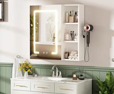 Bathroom Wall Cabinet with Mirror, Anti-Fog Mirror Storage Cupboard Organiser Unit with 3 Color Adjustable LED Light Hair Dryer Holder for Bathroom Home