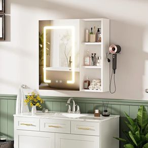 Bathroom Wall Cabinet with Mirror, Anti-Fog Mirror Storage Cupboard Organiser Unit with 3 Color Adjustable LED Light Hair Dryer Holder for Bathroom Home
