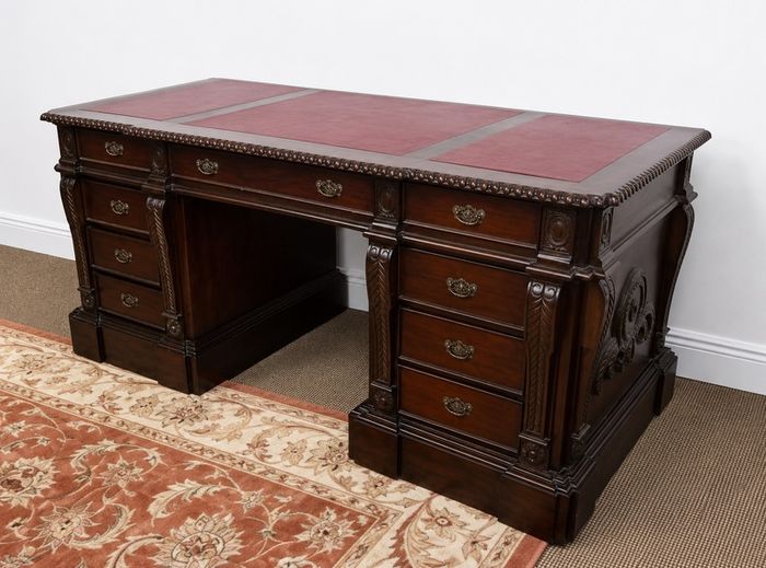 Large Fine Made Solid Wood Executive Partners Desk Genuine Leather Top Handcrafted
