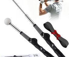 Retractable Golf Swing Trainer, Golf Grip Trainer, and Golf Training Aid for Chipping, Hitting, and Grip Correction; Golf Swing Practice Stick with Arm Band for Left-Handed Players; Indoor/Outdoor Use