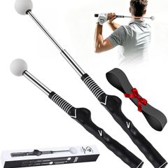Retractable Golf Swing Trainer, Golf Grip Trainer, and Golf Training Aid for Chipping, Hitting, and Grip Correction; Golf Swing Practice Stick with Arm Band for Left-Handed Players; Indoor/Outdoor Use