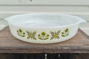 Vintage USA Anchor Hocking Fire King Green Meadow round open milk glass baker or casserole dish  pyrex style