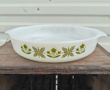 Vintage USA Anchor Hocking Fire King Green Meadow round open milk glass baker or casserole dish  pyrex style