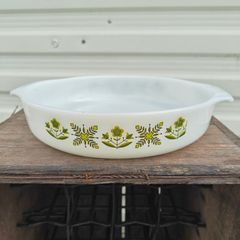 Vintage USA Anchor Hocking Fire King Green Meadow round open milk glass baker or casserole dish  pyrex style