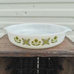Vintage USA Anchor Hocking Fire King Green Meadow round open milk glass baker or casserole dish  pyrex style