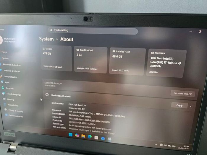 Lenovo Thinkpad T14 Gen 2 I7-1185G7 | 48GB | MX450 | 512GB | 4k