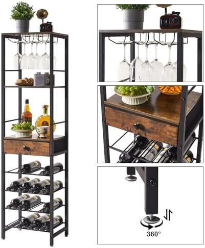 Wine Rack Freestanding Floor, Bar Cabinet,Coffee Bar Cabinet 4-Tier Wood bar Cabinet,Glass Holder and Storage Drawer for Home Bar Kitchen Living Room,Brown