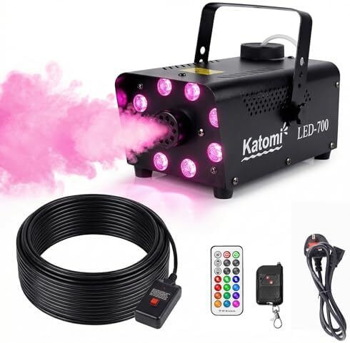 Smoke Machine with 13 Colour RGB Effect, 8 LED Lights, Mini Fog Machine with 3-Metre Wired Remote and Two Wireless Controllers for DJ Disco Parties