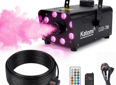 Smoke Machine with 13 Colour RGB Effect, 8 LED Lights, Mini Fog Machine with 3-Metre Wired Remote and Two Wireless Controllers for DJ Disco Parties