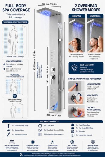 5-in-1 Stainless Steel Shower Panel with LED Rainfall and Waterfall Functions