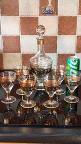 Vintage Mid-Century Modern Handmade Ussr Crystal Decanter & Six Cordial/Port/Sherry Glasses Set With Gold Bands, Barware - 7 pcs