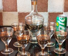 Vintage Mid-Century Modern Handmade Ussr Crystal Decanter & Six Cordial/Port/Sherry Glasses Set With Gold Bands, Barware - 7 pcs