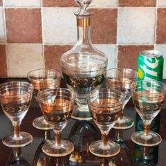 Vintage Mid-Century Modern Handmade Ussr Crystal Decanter & Six Cordial/Port/Sherry Glasses Set With Gold Bands, Barware - 7 pcs
