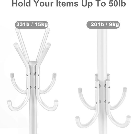 Coat Rack, Metal Coat Rack Stand with 3 Height 12 Hooks, Sturdy Freestanding Coat Rack for Clothes/Bags/Hats, Coat Stand for Home/Entryway/Office/Hallway