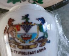 City Of Belfast Arms Small Vase On Wood Holderand Shamrock Saucer.