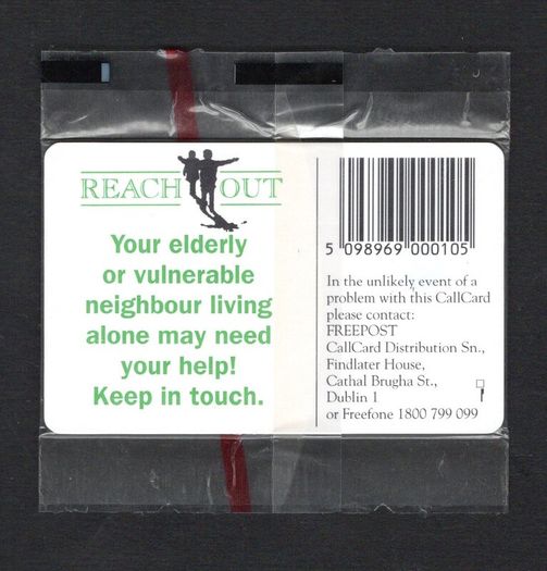1996 Ireland 10 unit "Reach Out" initiative encourages people to visit their elderly neighbours regularly and make sure they are not unwell or vulnerable (Gemplus GEM1) Call Card Mint in packaging. Shows Ronnie Drew. Telecom Eireann card number 1137.