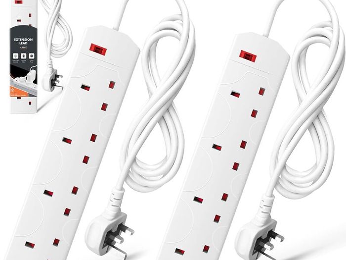 Wolf Power Heavy Duty Extension Lead UK Pin Plug and Cable, 4 Gang Way 2m Power Adapter, Multi Socket Mains Strip (2 Pack, White)
