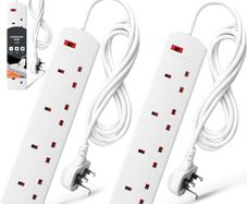 Wolf Power Heavy Duty Extension Lead UK Pin Plug and Cable, 4 Gang Way 2m Power Adapter, Multi Socket Mains Strip (2 Pack, White)