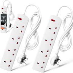Wolf Power Heavy Duty Extension Lead UK Pin Plug and Cable, 4 Gang Way 2m Power Adapter, Multi Socket Mains Strip (2 Pack, White)