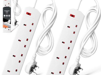 Wolf Power Heavy Duty Extension Lead UK Pin Plug and Cable, 4 Gang Way 2m Power Adapter, Multi Socket Mains Strip (2 Pack, White)