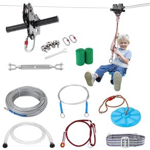 Zipline Kit for Kids and Adult, 48.77 m Zip Line Kits Up to 226.8 kg, Backyard Outdoor Quick Setup Zipline, Playground Entertainment with Stainless Steel Zipline, Spring Brake, Safety Harness, Seat