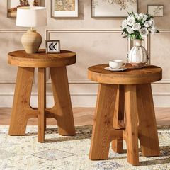 Set of 2 Round Solid Wood Side Tables, 50 cm, Rustic Walnut Finish, Sturdy Wooden Bedside Tables for Living Room & Bedroom