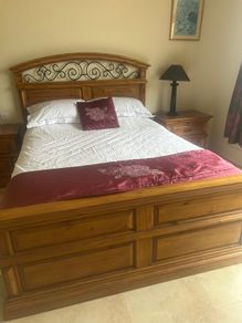 Solid pine bedroom furniture set - bed, dresser with mirror, 2 lockers