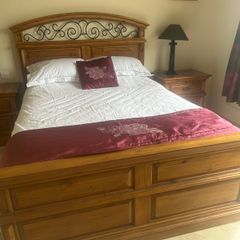 Solid pine bedroom furniture set - bed, dresser with mirror, 2 lockers