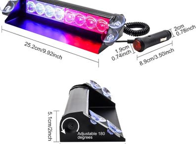 LED Emergency Dash Strobe Light 12V 8-LED Car Warning Light Bar with Switch&Suction Cup, Universal Flashing Warning Light for Car Truck Bus Forklift (Red & Blue)