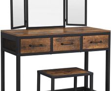 Dressing Table, Makeup Desk with 1 Stool, Tri-Fold Mirror and 3 Drawers, Steel Frame, Industrial Design, Vintage Brown/Black