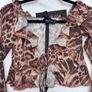 White Fox Boutique XS Brown Leopard Print Ruffle Tie Front Mesh Crop Top Flare Sleeve. Image 4