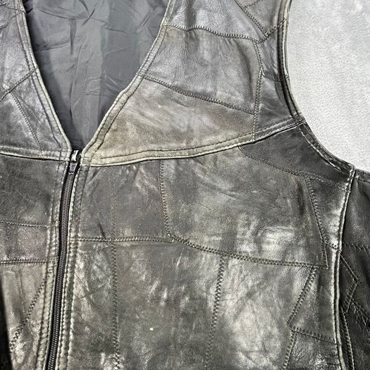 Black Patchwork Leather Vest Waistcoat - Zip Buckles - Large