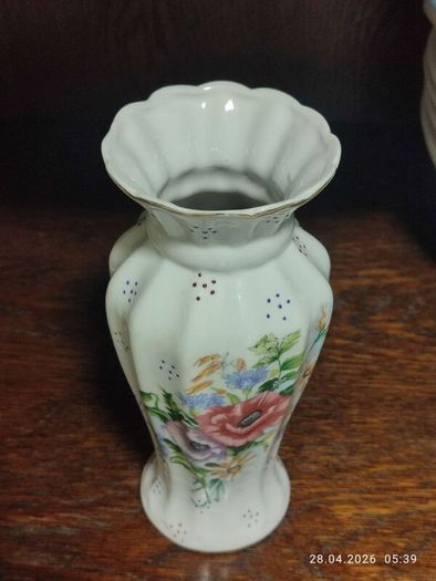 Vintage Style Floral Vase with Gold Trim Cottage Garden Decor