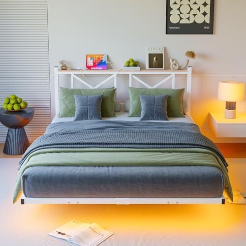 Floating Bed Frame with LED Lights and Charging Station