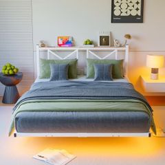 Floating Bed Frame with LED Lights and Charging Station