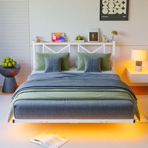 Floating Bed Frame with LED Lights and Charging Station