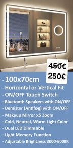LED Bathroom Mirror Speakers Antifog 70x100 or 100x70cm