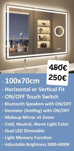 LED Bathroom Mirror 70x100cm Bluetooth Demister Dual LED Makeup Ensuite Vanity Light Memory Function