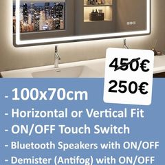 LED Bathroom Mirror 100x70cm Bluetooth Defogger Makeup Magnifying Zoom x5 Bright Light 3Color Temperature Horizontal Vertical