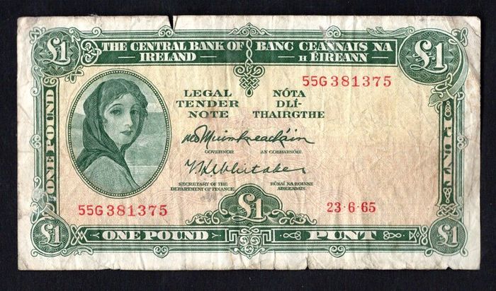 1965 Ireland IR1 Lady Lavery Banknote Series A. Note issued 23/06/65 Serial number 55G381375