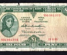 1965 Ireland IR1 Lady Lavery Banknote Series A. Note issued 23/06/65 Serial number 55G381375