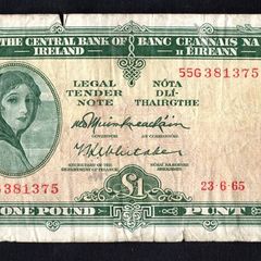 1965 Ireland IR1 Lady Lavery Banknote Series A. Note issued 23/06/65 Serial number 55G381375